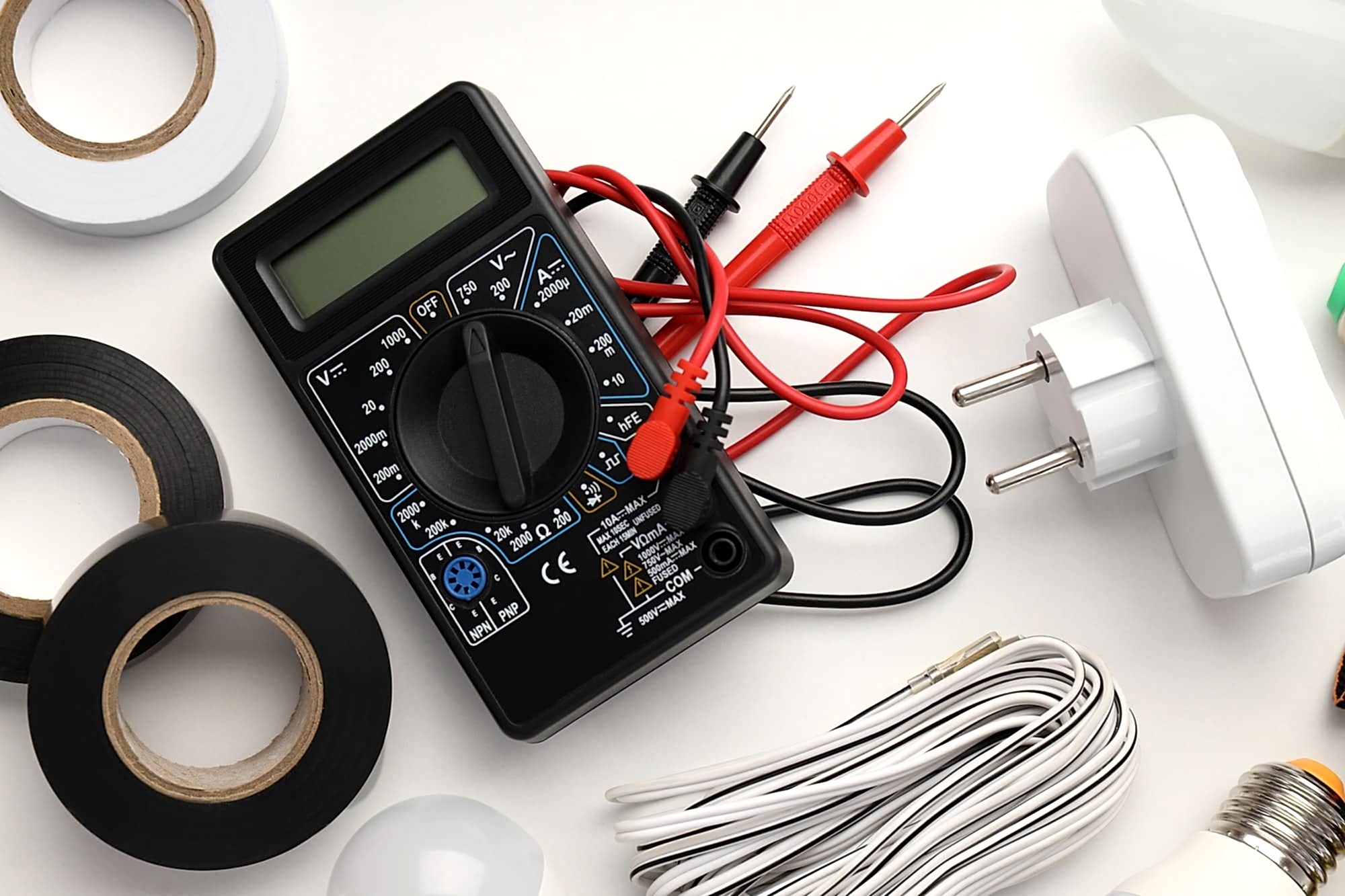 Concept of electrician or electrical tools, top view
